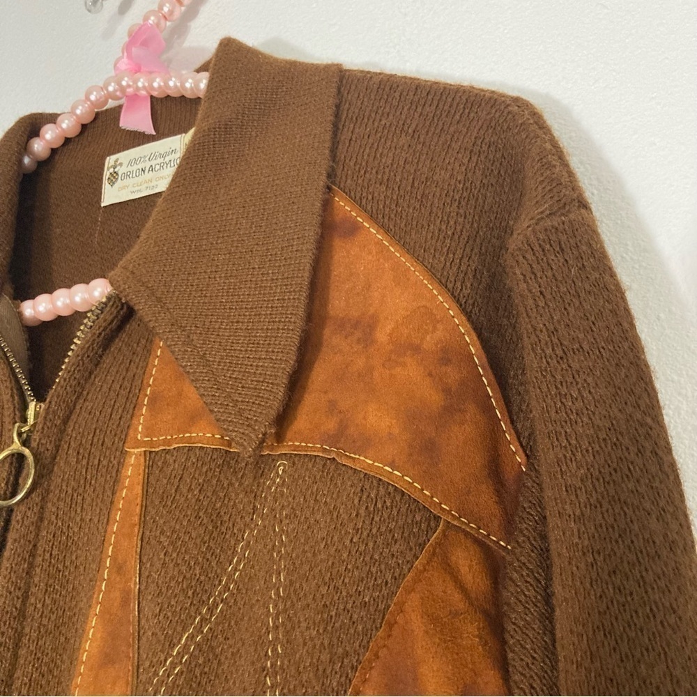 Vintage brown diamond virgin Orlon acrylic zip up cardigan size M - Picture 7 of 16